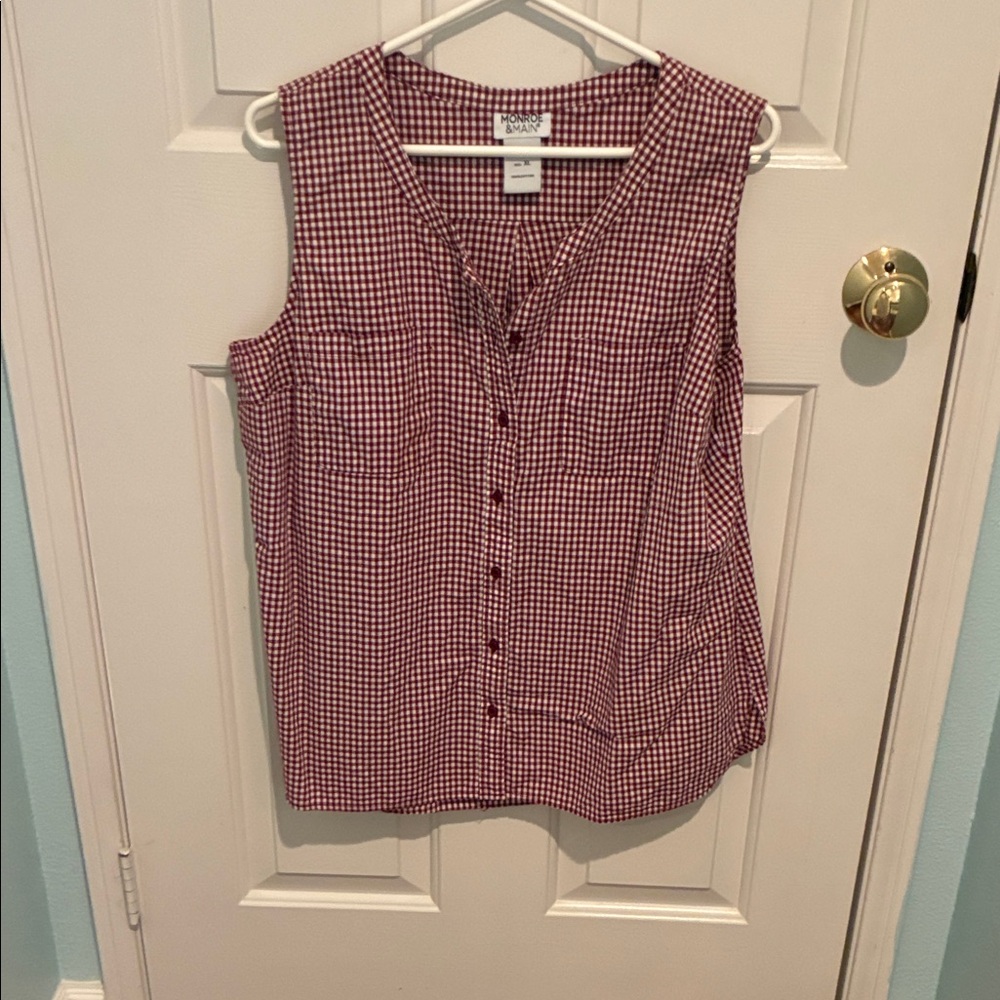Monroe & Main Burgundy Checkered Sleeveless Blouse